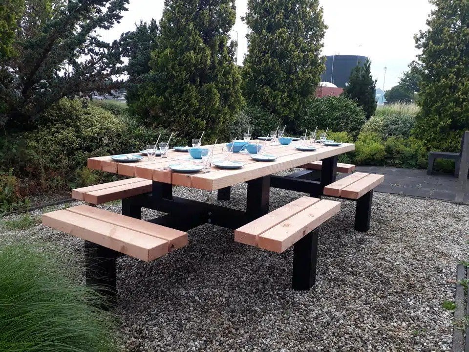 EXCLUSIEVE PICKNICKTAFEL VOOR 12 PERSONEN, Ophalen, Nieuw, Rechthoekig, Hout