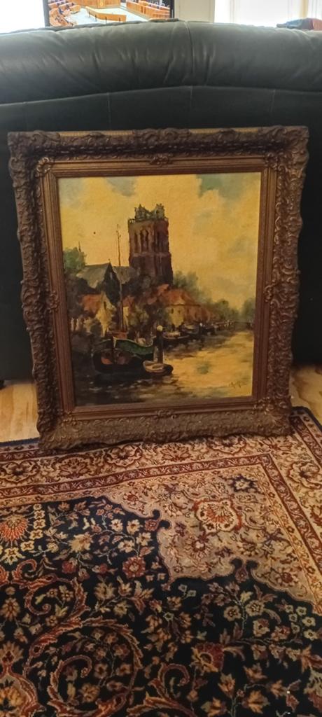 Oud schilderij met Hollands landschap en kerk, Ophalen