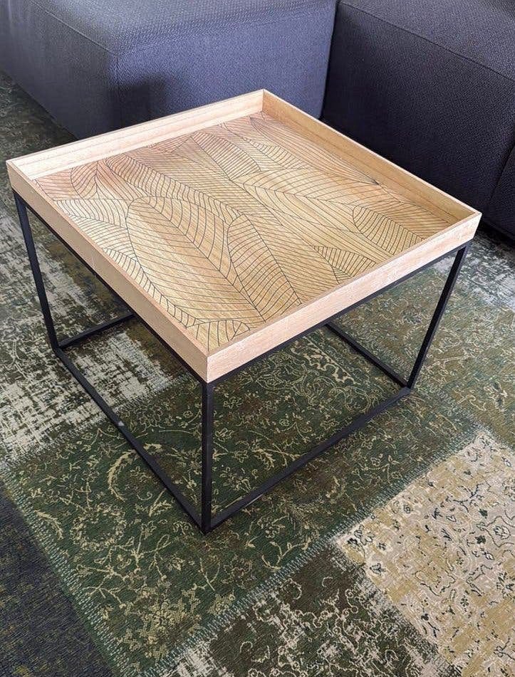 Salontafel met houten blad en metalen onderstel, Ophalen, Vierkant, 50 tot 100 cm, Zo goed als nieuw