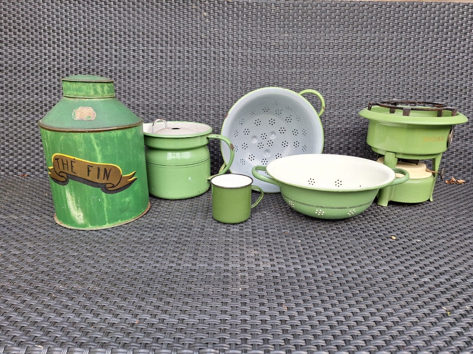 Vintage Groene Emaille Keukenspullen Set, Antiek en Kunst, Antiek | Emaille, Ophalen