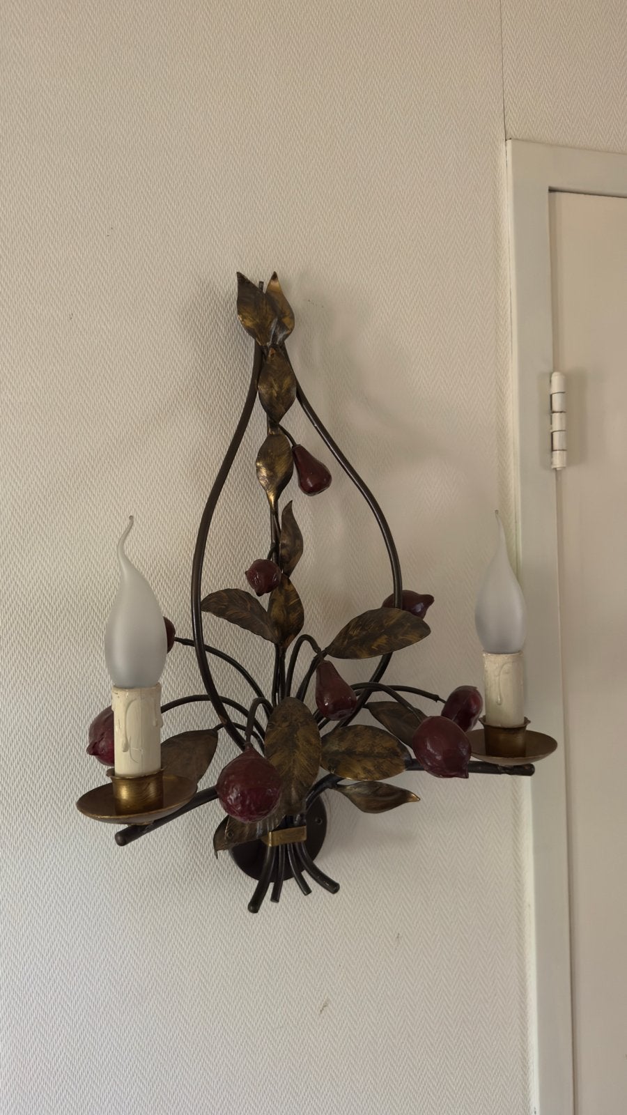 Vintage Wandlamp met Bladeren en Bessen - Metaal, Ophalen, Gebruikt, E14 (klein), Metaal