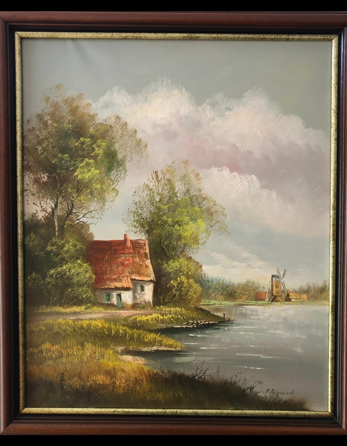 Leuke schilderij met landschap, huisje en windmolen 68x57cm, Ophalen