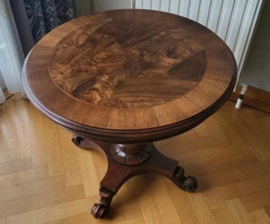 Schitterende ronde zuil- of salontafel met wortelnoten blad, Ophalen