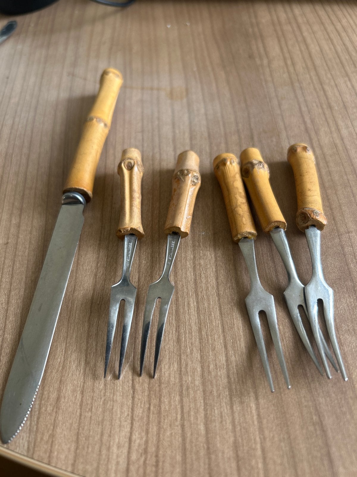 Vintage bamboe bestekset: mes en vorkjes, Ophalen of Verzenden