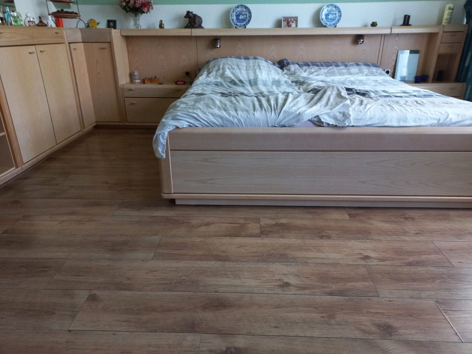 Complete slaapkamer: bed met kasten en nachtkastjes, Ophalen, Gebruikt, Tweepersoons, Modern, Houtkleur