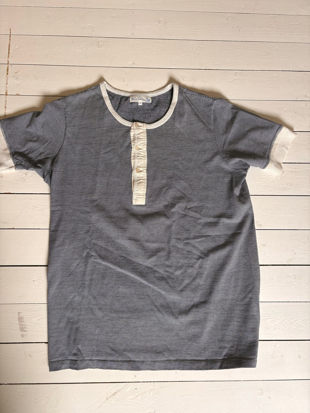 Merz & Schwanen gestreept T-shirt met knoopsluiting, Ophalen of Verzenden, Zo goed als nieuw, Maat 52/54 (L), Blauw