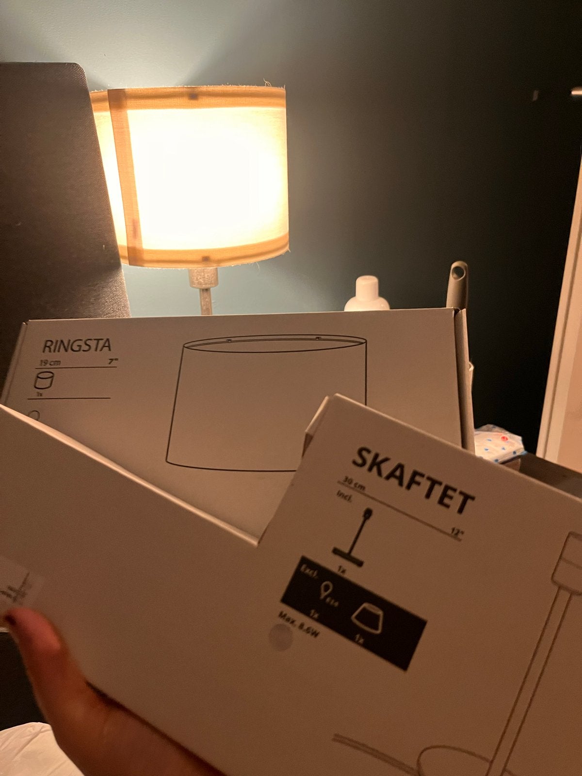 2x IKEA Skaftet tafellamp met Ringsta kap (nieuw/gebruikt), Ophalen, Met schakelaar, E14 (klein), Zo goed als nieuw