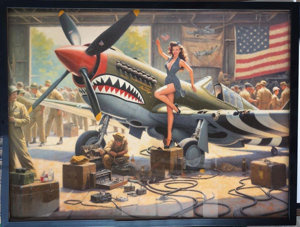 [Poster in Frame] Curtiss P-40 Warhawk leger met pin up, Verzenden, Nederland, Foto of Poster