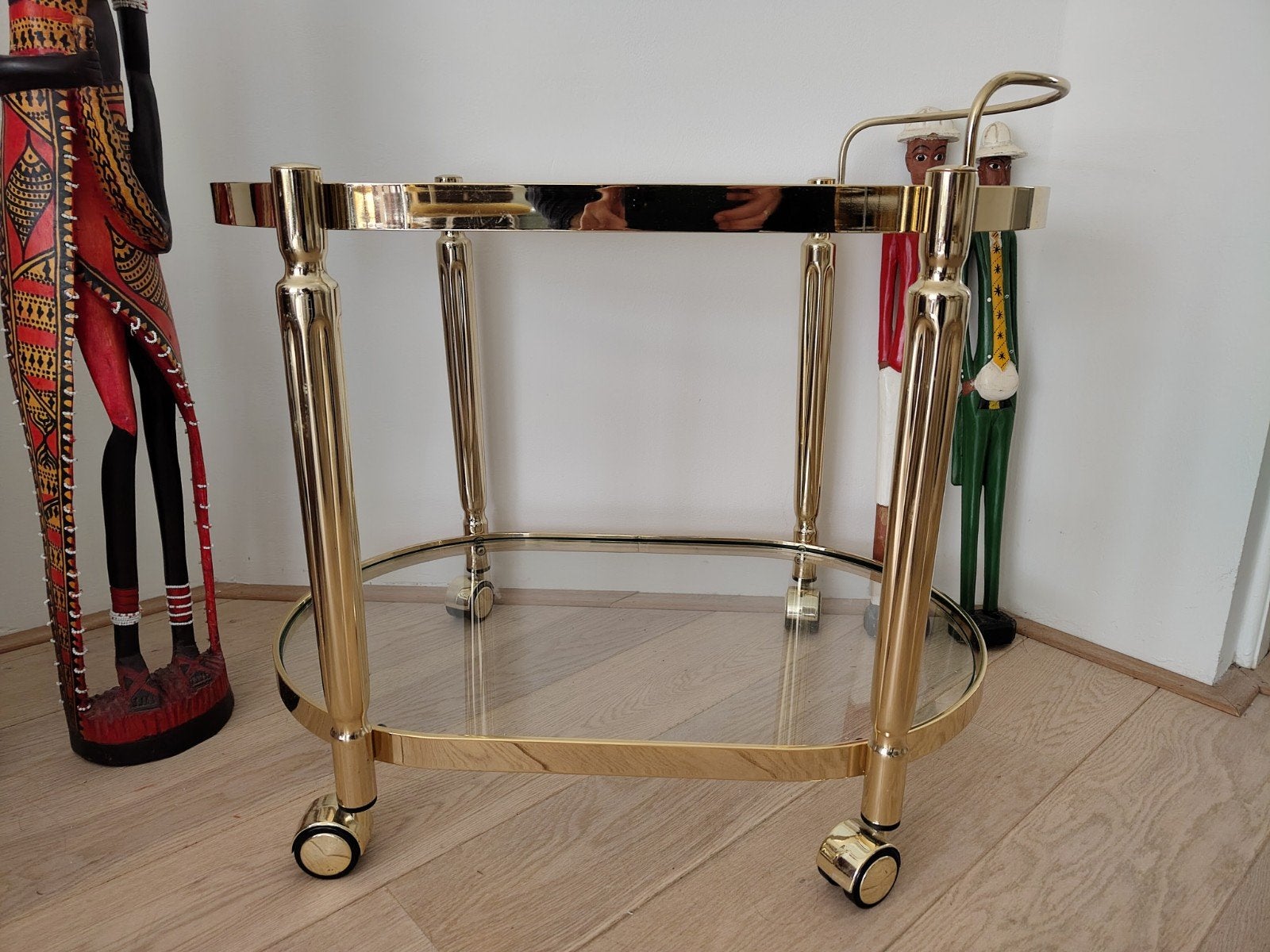 Gouden serveerwagen / theewagen met glazen platen, Ophalen, Vintage, Hollywood Regency, 55 tot 75 cm, Glas