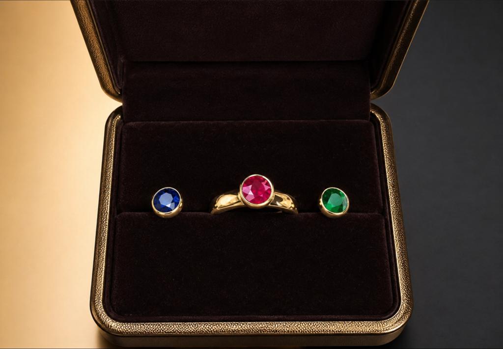 Ring goud met drie stenen saffier, smaragd en robijn, Nieuw, Ophalen of Verzenden, 17 tot 18, Dame