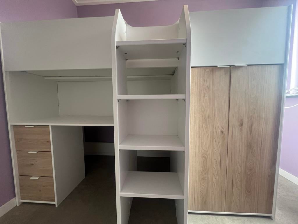 Hoogslaper Tristan wit/eiken 90x200cm incl.matras+topper, Ophalen, 85 tot 100 cm, Gebruikt, Hoogslaper of Stapelbed