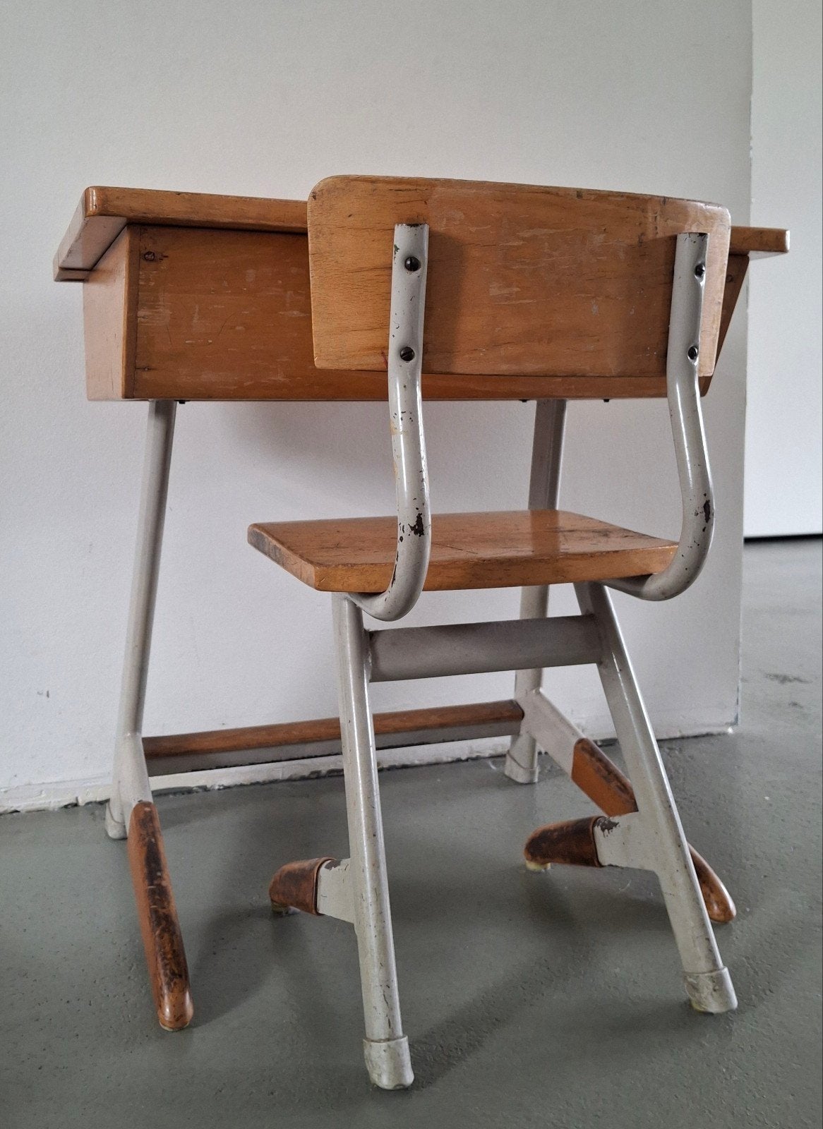 Vintage Schoolbankje met Stoel - Houten Buro met Inktpotje, Ophalen