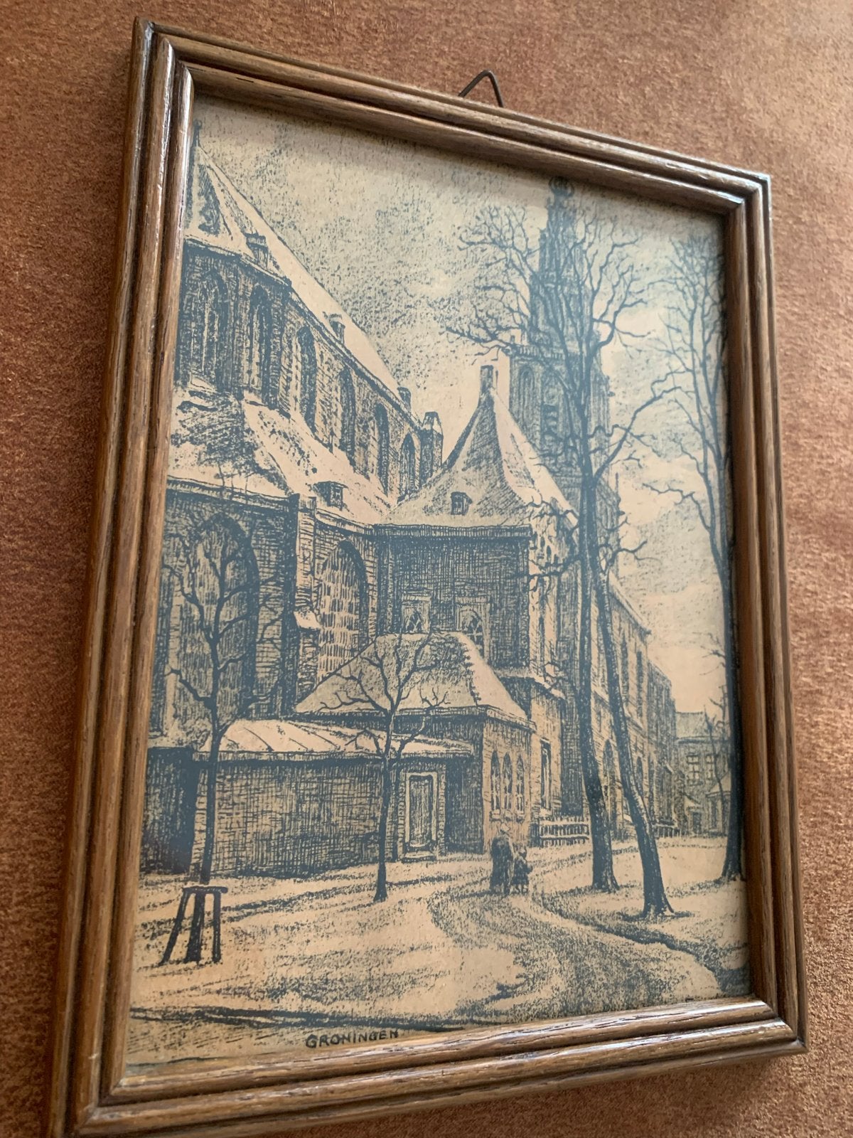 Oude ets van de Martinitoren en Martinikerk in Groningen, Ingelijst, Ets, Stadsgezicht, Ophalen of Verzenden