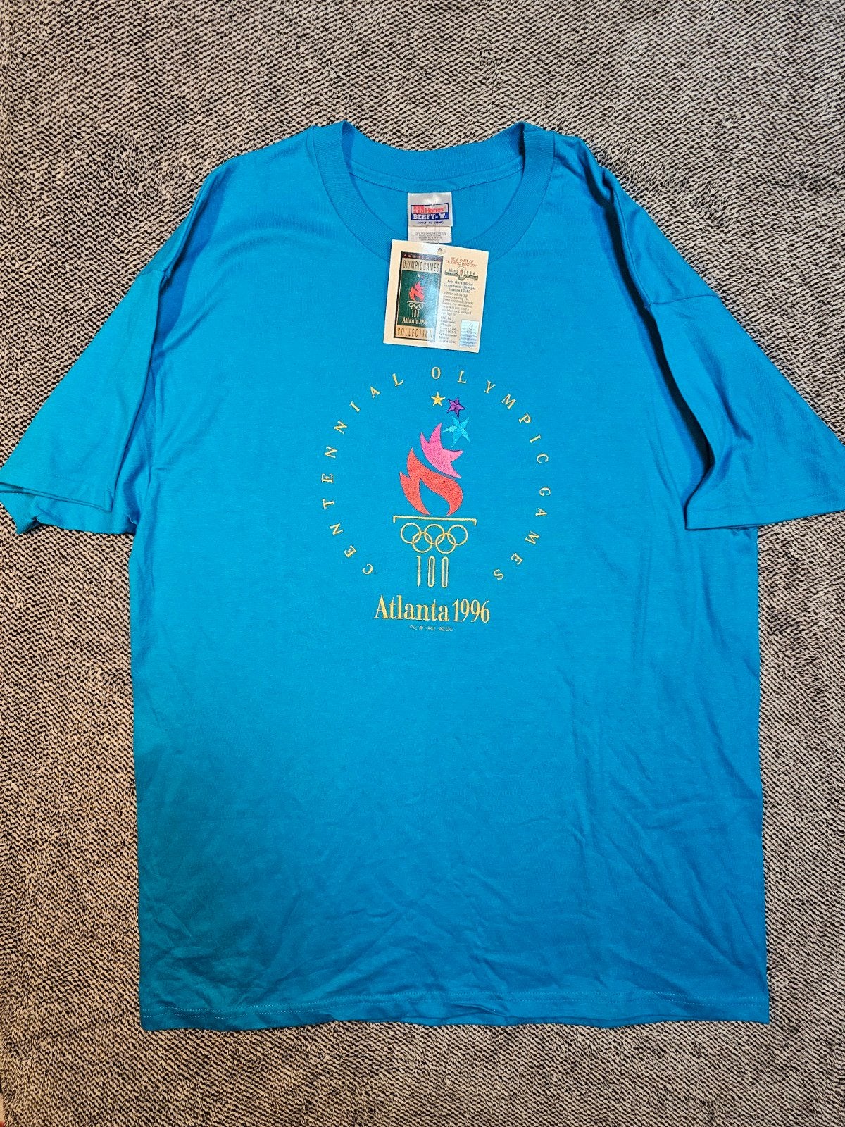 Vintage Hanes Beefy-T Atlanta 1996 Olympische Spelen T-shirt, Blauw, Ophalen of Verzenden, Hanes, Maat 56/58 (XL)