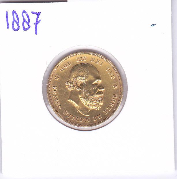 Schaars gouden tientje 1887 Willem 3, Koning Willem III, Losse munt, 10 gulden, Goud