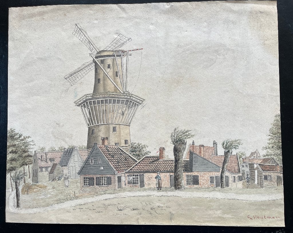 Antieke prent van stellingmolen en dorp, gesigneerd Houtman, Gebruikt, Verzenden, Voor 1940, Prent