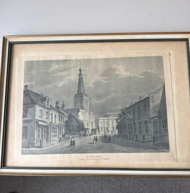 Antieke prent Tilburg: Markt, Grote Kerk en Stadhuis, Ophalen of Verzenden