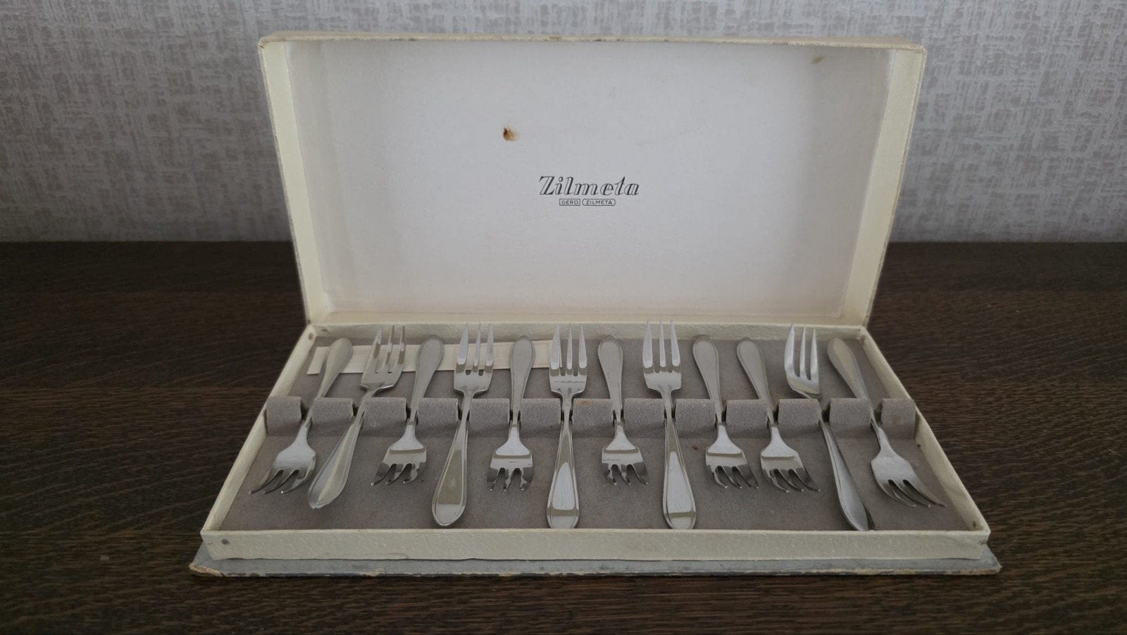 Vintage Gero Zilmeta gebaksvorkjes set in originele doos, Ophalen of Verzenden