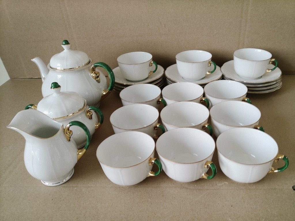 Vintage verguld theeservies koffieservies porselein Striegau, Ophalen of Verzenden