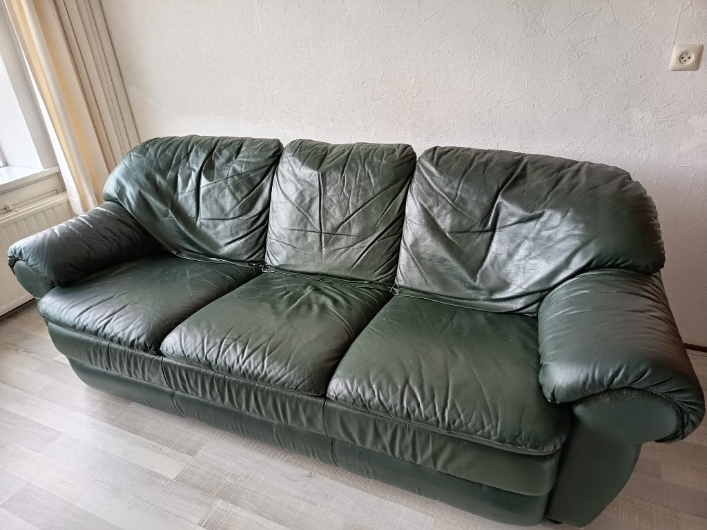 Donkergroene Leren Bank - 220cm Breed, Ophalen, Gebruikt, Driepersoons, Rechte bank