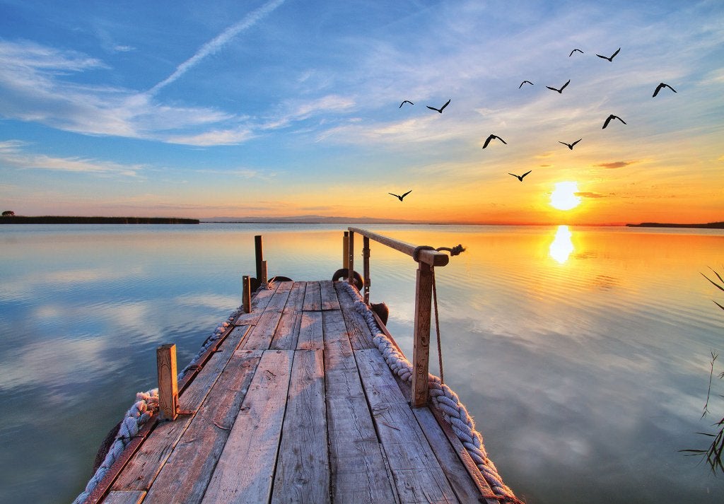 Aanlegsteiger Avondzon Vlies behang 254 x 184 cm, romantisch, Ophalen of Verzenden, Fotobehang