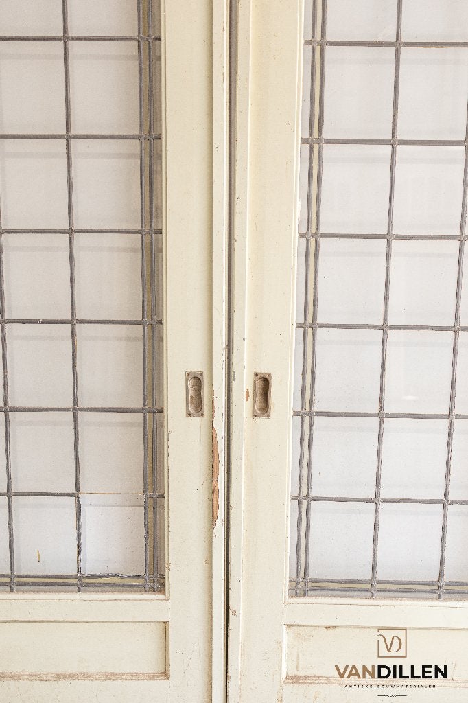 Antieke ensuite schuifdeuren met glas in lood kleur rand, 120 cm of meer, Binnendeur, Ophalen of Verzenden, Zo goed als nieuw