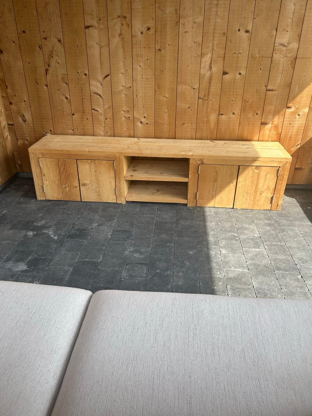 Robuust houten tv-meubel van steigerhout, Ophalen, Gebruikt, 150 tot 200 cm, Minder dan 100 cm
