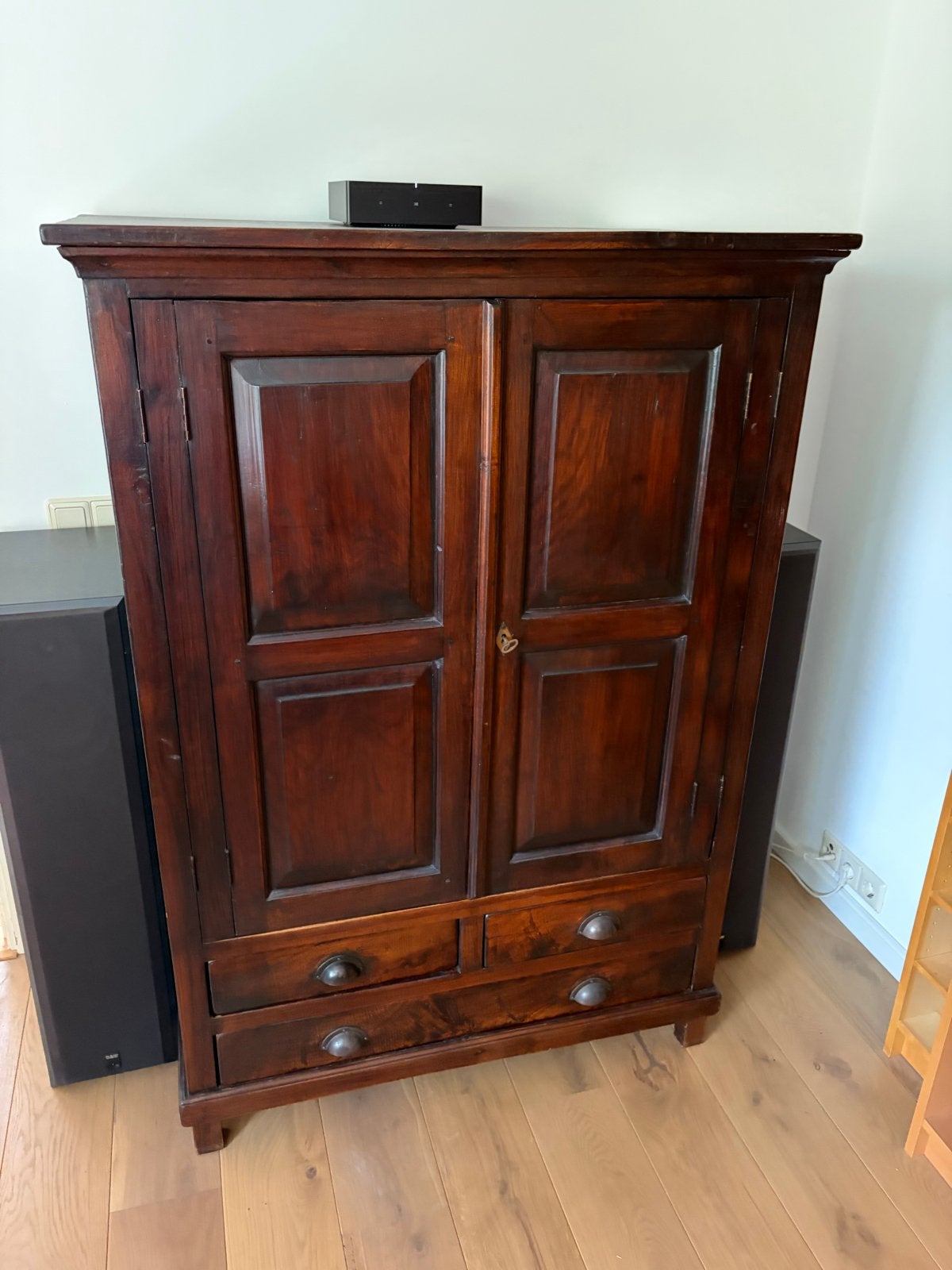 Antieke houten tv- of computerkast met lades en deuren, Ophalen, Gebruikt, 70 tot 120 cm, 120 tot 170 cm