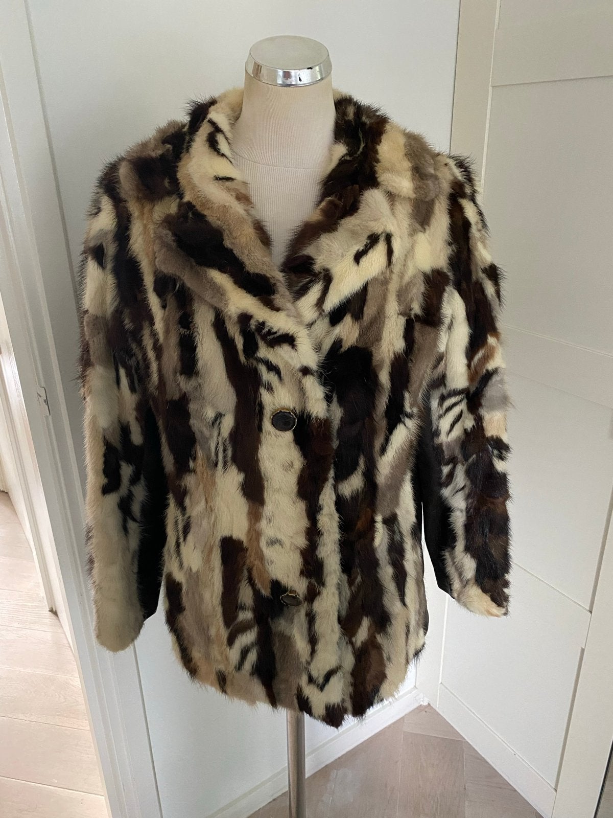 Vintage bontjas met uniek patroon met leer maat 40/42, Kleding | Dames, Ophalen of Verzenden, Zo goed als nieuw, Maat 38/40 (M)