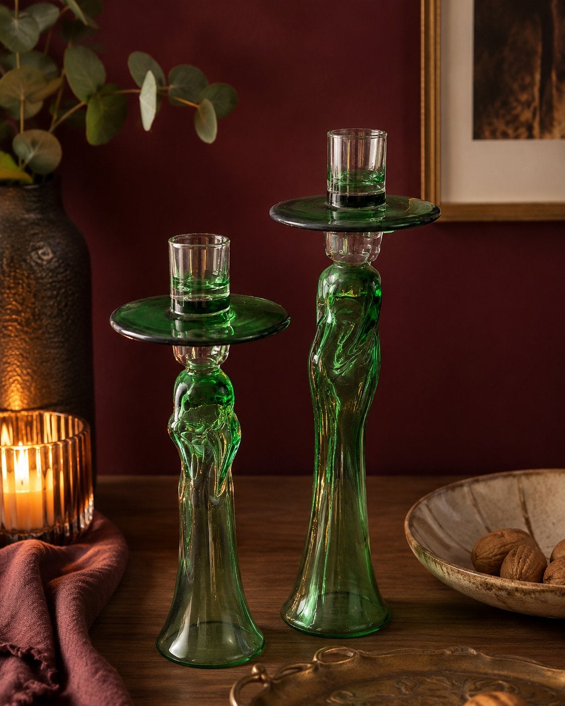 Vintage glazen kandelaars – Christinehütte Germany, Antiek en Kunst, Antiek | Kandelaars, Ophalen, Glas