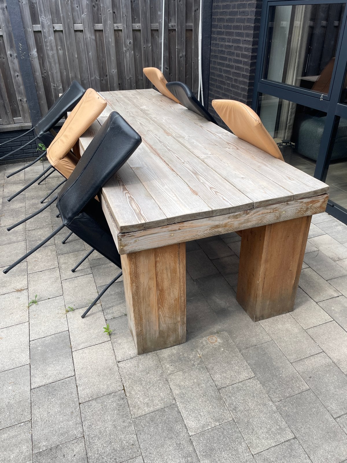 Houten tuintafel met stoelen, Huis en Inrichting, Tafels | Eettafels, Ophalen, Gebruikt, 50 tot 100 cm, Vijf personen of meer