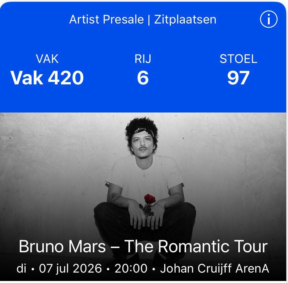 Bruno Mars 7 Juli zitplaats, Eén persoon, Juli