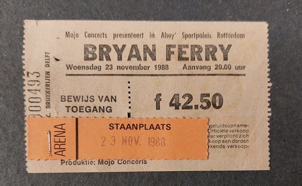 Bryan Ferry TICKET CONCERT KAARTJE Ahoy Rotterdam 1988, Gebruikt, Verzenden, NvT, Foto of Kaart
