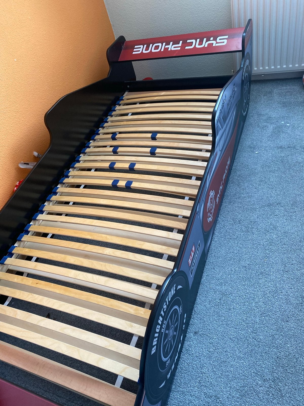 Raceauto kinderbed met lattenbodem, Ophalen, Gebruikt, 70 tot 85 cm, Lattenbodem
