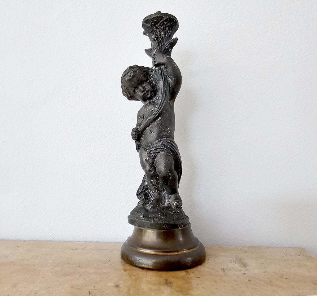 Antieke Kandelaar met Cherubijn – Massief Brons (19,5 cm), Ophalen of Verzenden, Koper of Brons