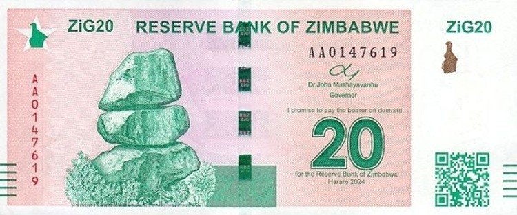 Zimbabwe bankbiljet 20 ZiG (Zimbabwe goud) 2024, Pick 111, Ophalen of Verzenden, Zimbabwe, Los biljet