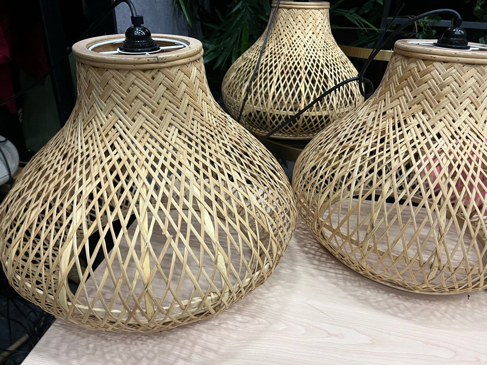 6x Bamboe Hanglampen - 45 cm breed, 40 cm hoog (ook p/st), Ophalen, Zo goed als nieuw, Hout, Minder dan 50 cm