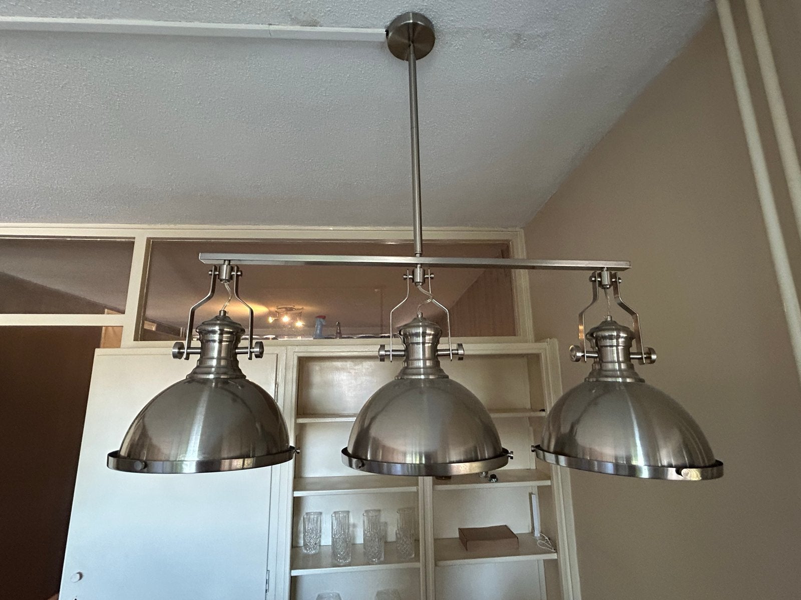 Moderne hanglamp met 3 kappen - geborsteld metaal, Ophalen, Zo goed als nieuw, Metaal, E27 (groot)