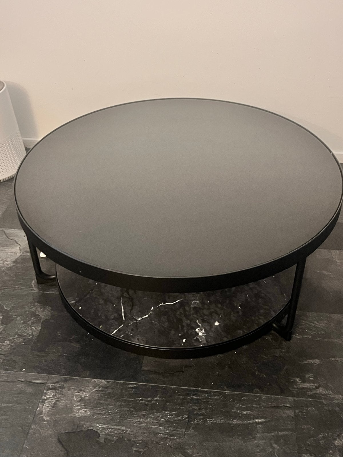 IKEA FRÖTORP Salontafel - Antraciet marmer effect/zwart glas, Ophalen, Rond, 50 tot 100 cm, Glas