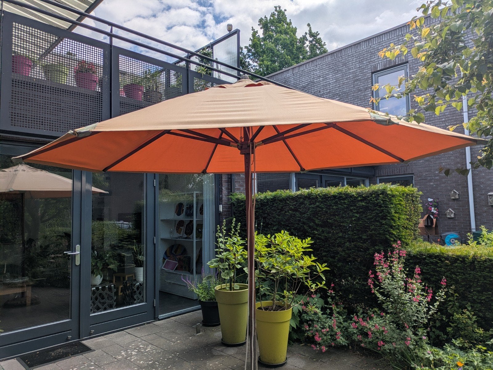 GERESERVEERD Parasol met katoenen doek, Tuin en Terras, Parasols, Ophalen, Gebruikt, Overige typen
