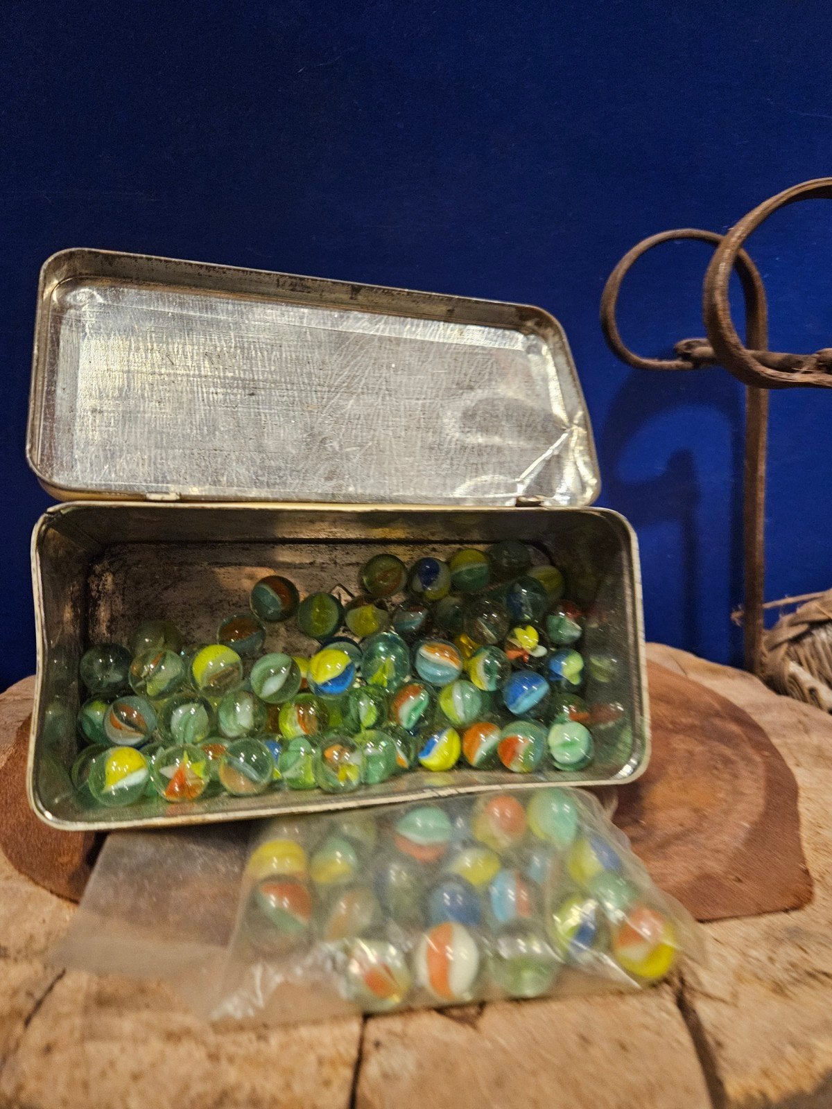 Vintage knikkers in blik en zakje, Ophalen of Verzenden, Gebruikt