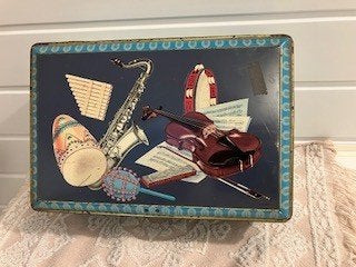 Vintage opbergblik met afbeeldingen muziekinstrumenten, Verzamelen, Verzenden, Gebruikt, Overige, Overige merken
