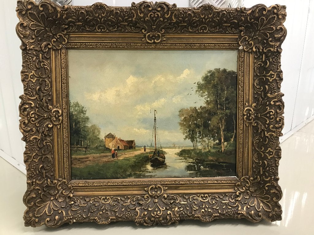 olieverf linnen landschap met boot poggenbeek, Doek, Ophalen of Verzenden, Landschap, Olieverf