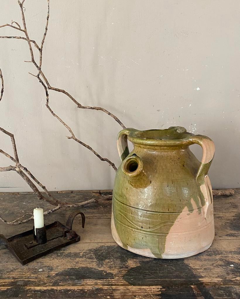 Frans aardewerk pot met groen glazuur, vaas, Ophalen of Verzenden