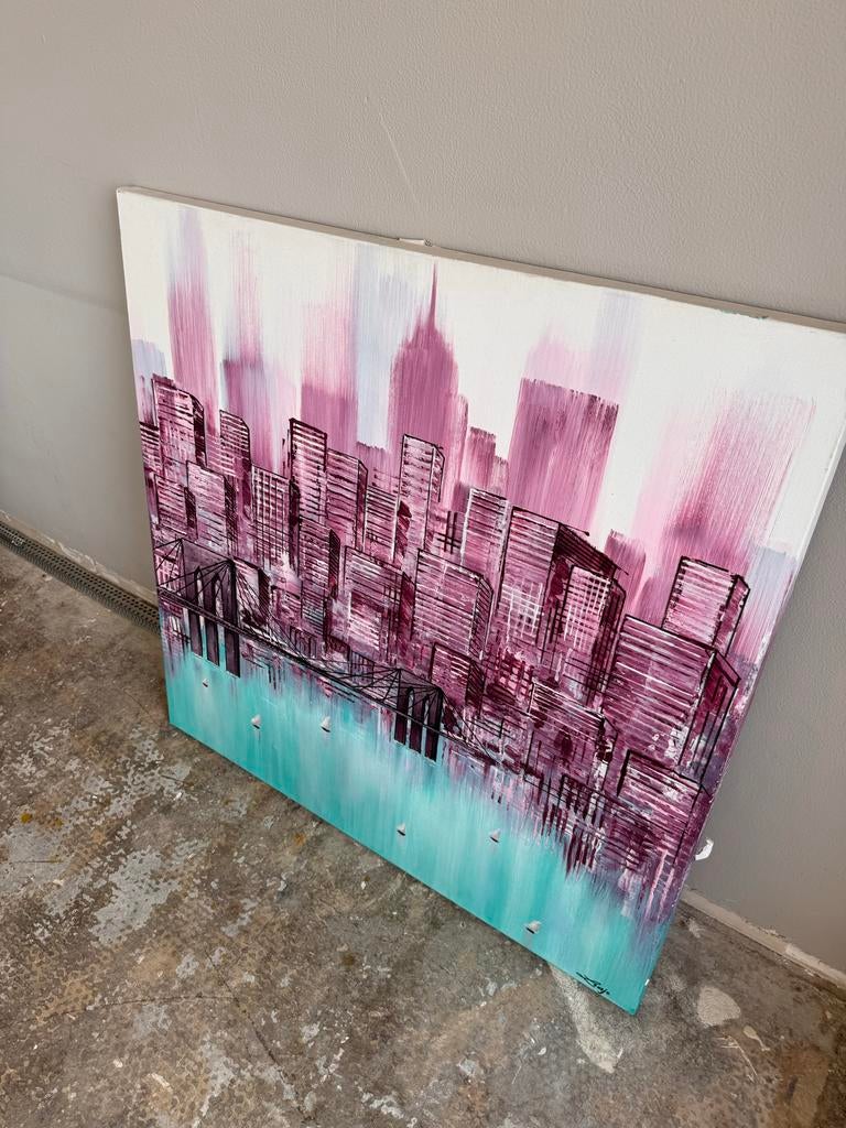 Modern Stadsgezicht Schilderij - Roze & Turquoise, Ophalen
