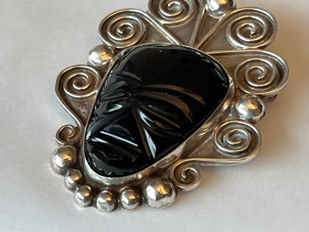 Vintage Zilveren Broche met Zwarte Onyx Masker, 4 tot 7 cm, Verzenden, Zwart, Zo goed als nieuw