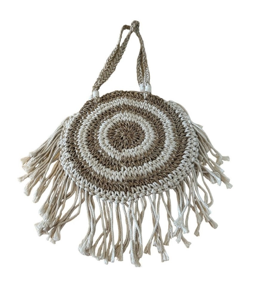 Schoudertas - Handgemaakt - Bali - Franjes 30 cm Beige Bruin, Verzenden, Nieuw, Beige, Schoudertasje