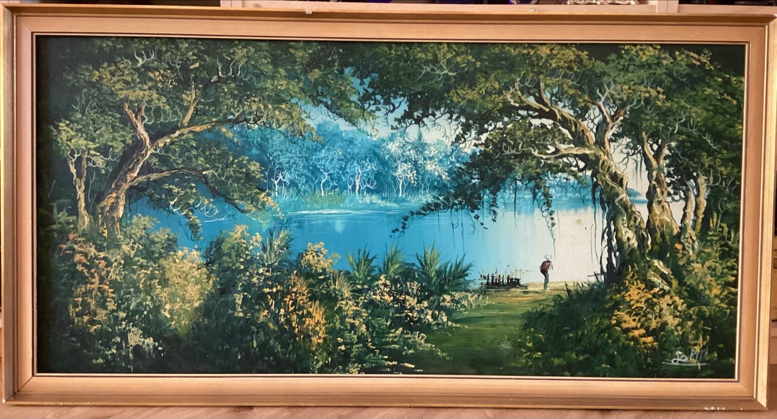 Aziatisch Landschap met Rivier en Visser. Prijs T.e.a.b., Antiek en Kunst, Ophalen, Doek, Realistisch, Gesigneerd