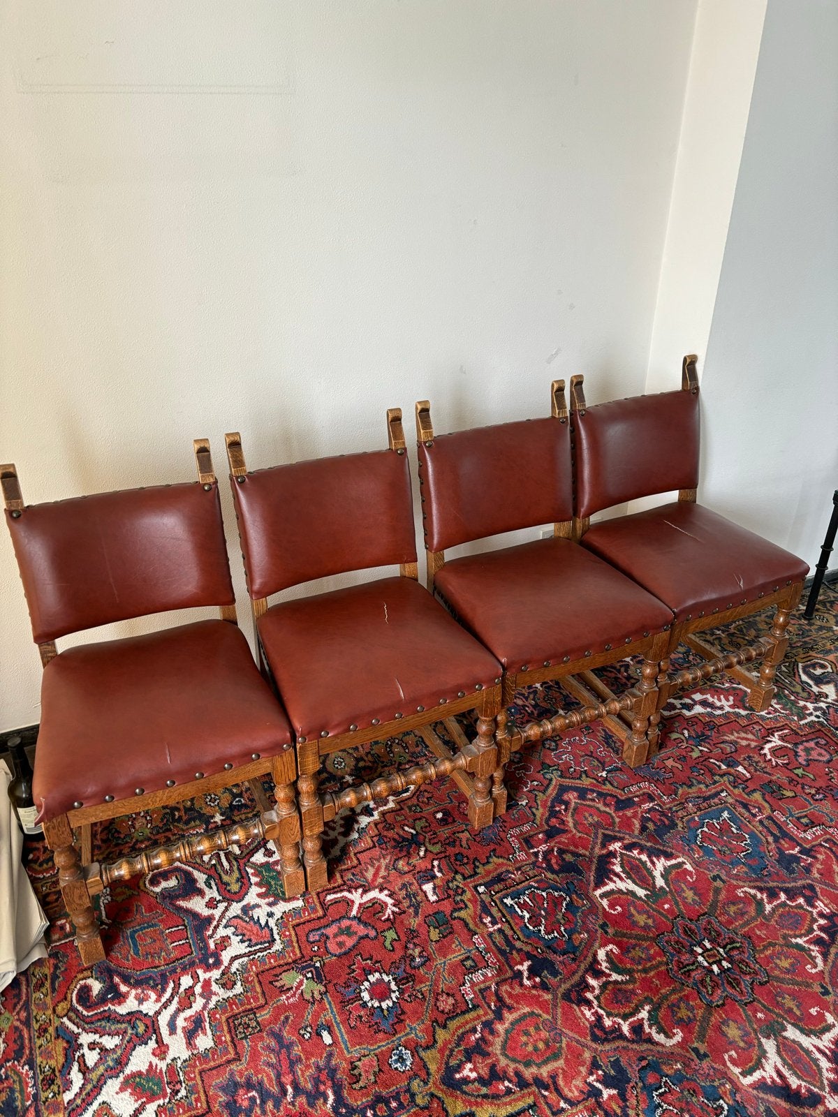 4 Eetkamerstoelen van hout en leer - GRATIS AF TE HALEN, Ophalen