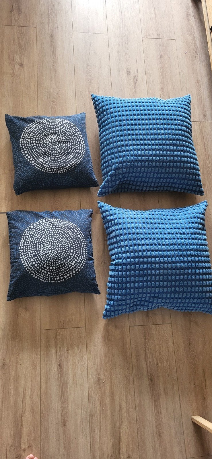 Set van 4 blauwe sierkussens - 2 met patroon, 2 effen, Ophalen, Overige merken, Gebruikt, Blauw